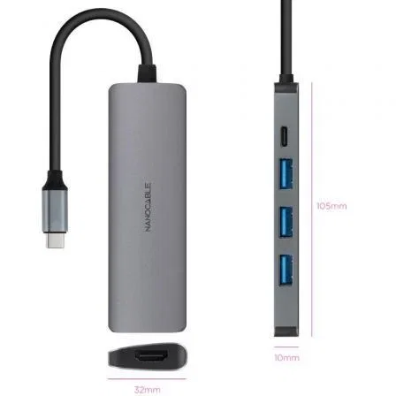 Nanocable Hub USB-C 5 en 1 con 3xUSB-A 3.0, HDMI 4K y USB-C PD 100W - Gris Nanocable Hub USB-C 5 en 1 con 3xUSB-A 3.0, HDMI 4K y USB-C PD 100W - Gris